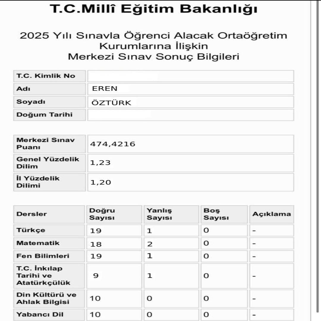 Eren Öztürk LGS Sonuç Başarı Tablosu
