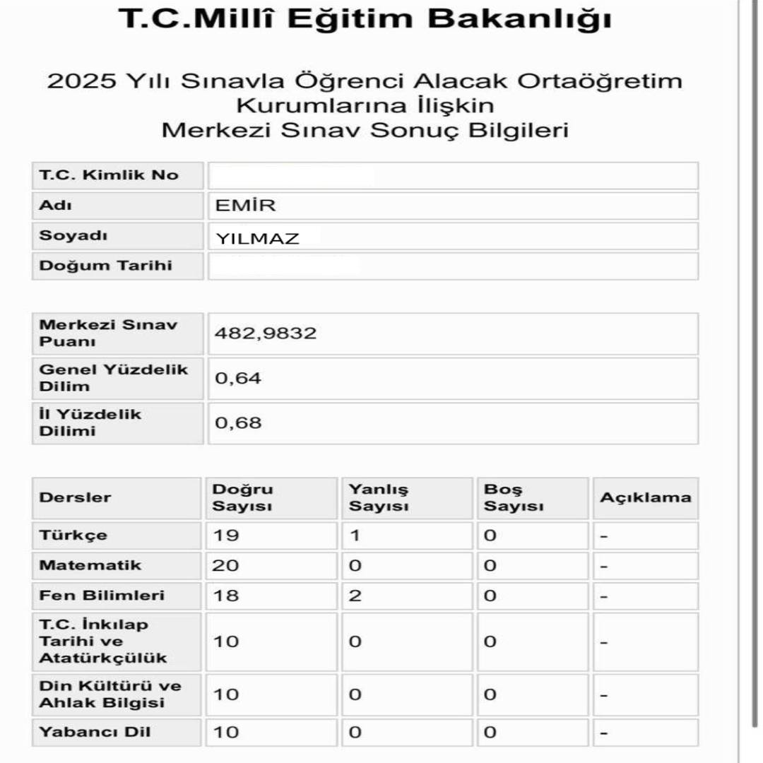 Emir Yılmaz LGS Sonuç Başarı Tablosu
